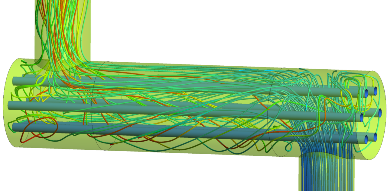 خطوط جریان سیال در مبدل حرارت لوله پوسته